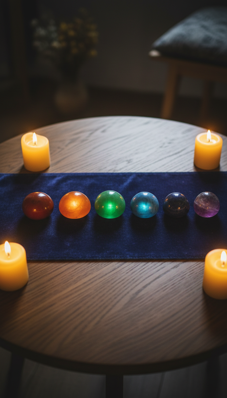 A harmonious display of seven colored chakra stones aligned neatly on a luxurious indigo velvet cloth, each stone carefully placed from root red jasper to crown amethyst. The cloth sits on a round oak table, with pale golden candlelight casting a warm, gentle glow that enhances each stone's hue and creates soft, diffused reflections. The setting is intimate and sacred, conveying a tranquil, restorative mood. Shot from a bird’s eye view for symmetry and focus, with photographic realism and a minimalist style that highlights energetic alignment and balance.