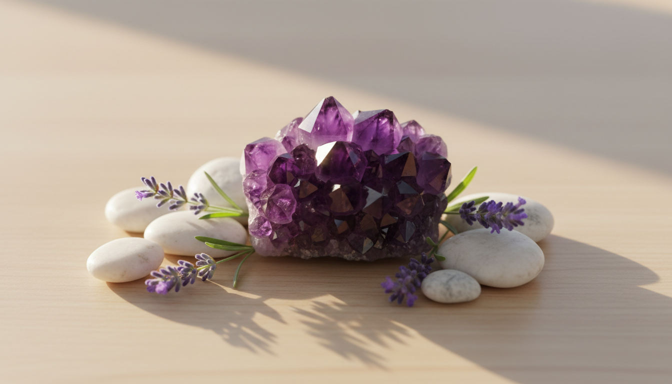 A polished, radiant amethyst crystal cluster surrounded by smooth white river stones and delicate lavender sprigs, all meticulously arranged atop a natural light wood surface. Soft morning sunlight pours in from the side, creating prismatic highlights on the crystal facets and gently illuminating the organic textures. The background fades to a subtle, out-of-focus cream, emphasizing tranquility. Captured from a slightly elevated angle with a centered composition and shallow depth of field. The aesthetic is clean, modern, and serene, perfectly suited for an energy healing site, evoking clarity and peacefulness.