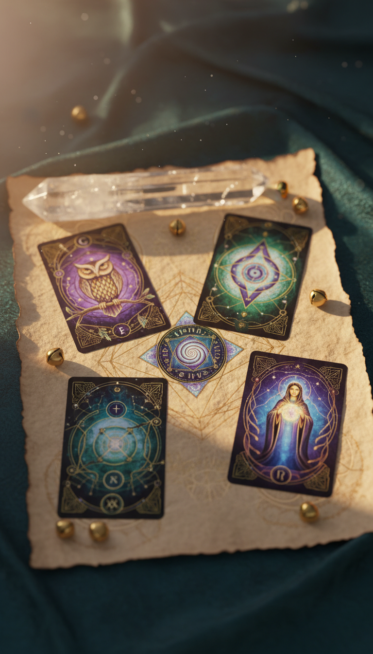 An intricate, geometric tarot card spread on textured, handcrafted parchment, bordered by a crystal-clear quartz wand and small, golden bells. The setup rests on an elegant dark teal surface, with diffused late afternoon light flooding from the left, producing soft glowing edges and deep, contemplative shadows. The cards’ symbolic illustrations are vivid and mystical. Framed using the rule of thirds, the camera focuses sharply on the spread, letting the background blur for a mystical, focused atmosphere. The style is artistic yet modern, mirroring therapeutic introspection.